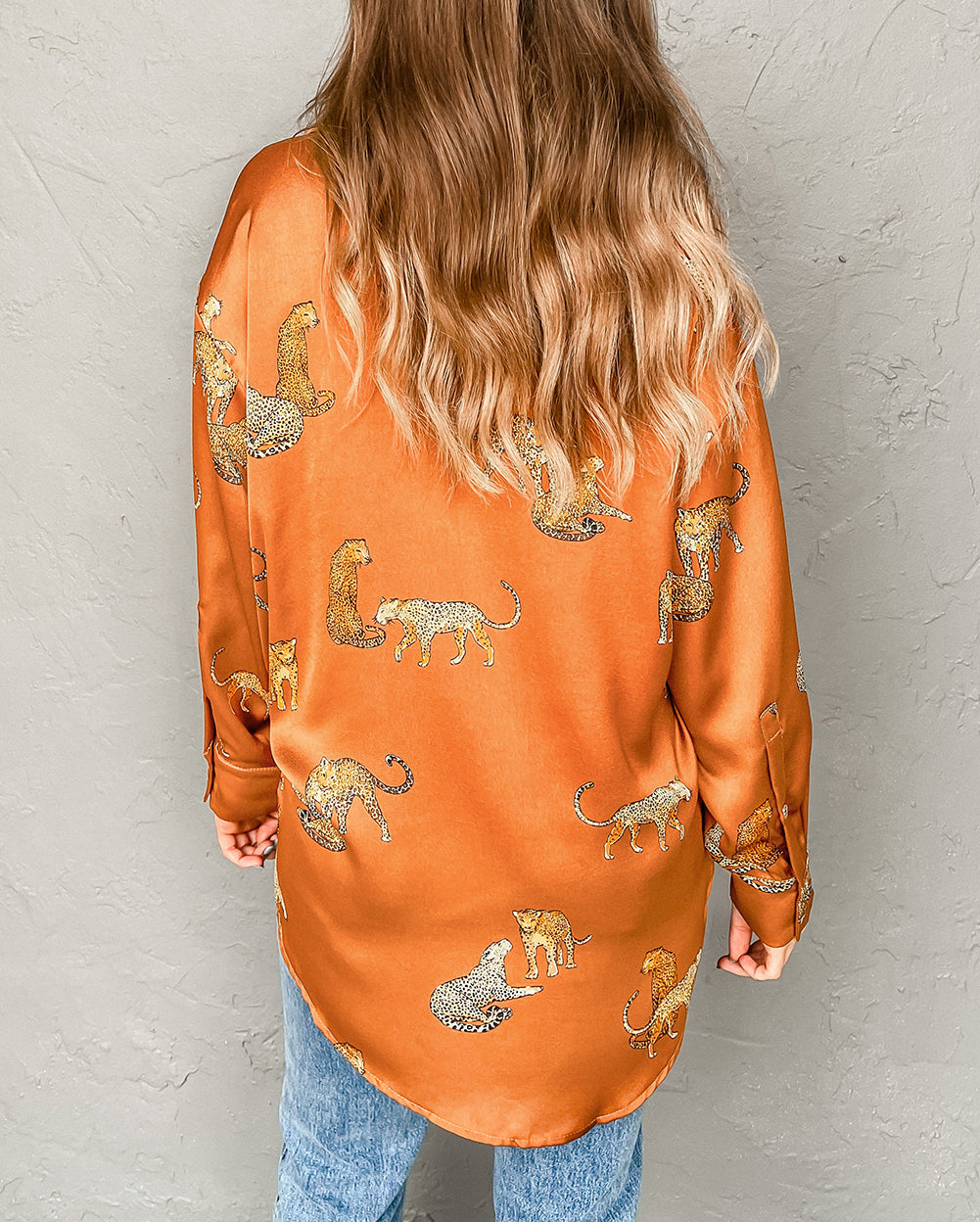 Cheetah Animal Print Button Up Satin Shirt