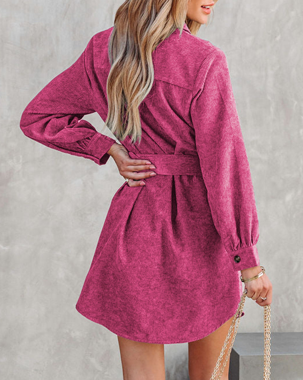 Corduroy Long Sleeve Button up Shirt Dress with Belt