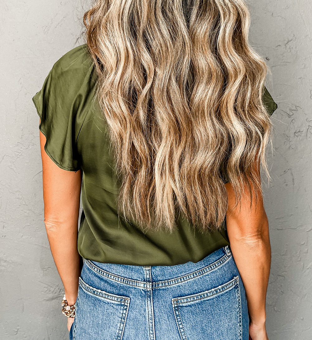 Pleated Flutter Sleeve Satin Top