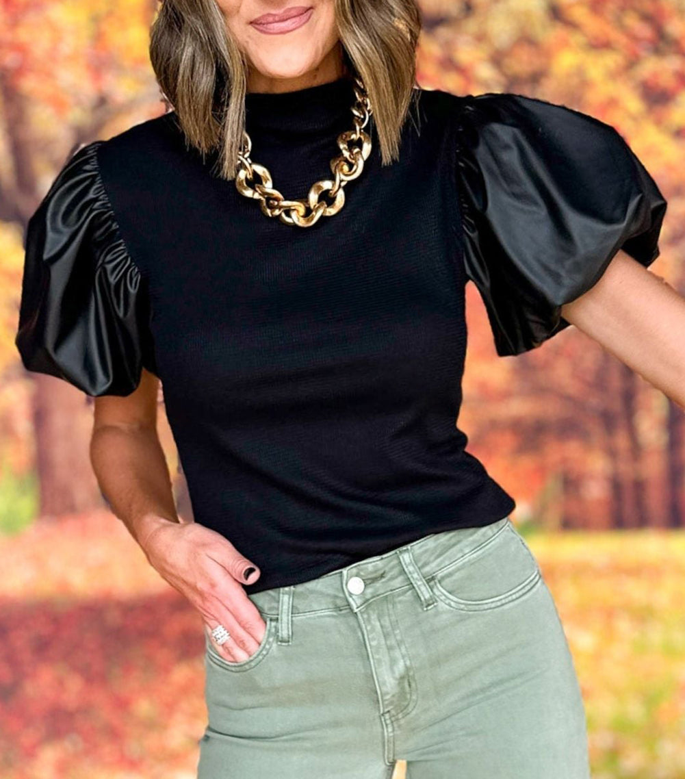 Faux Leather Puff Short Sleeve Mock Neck Top