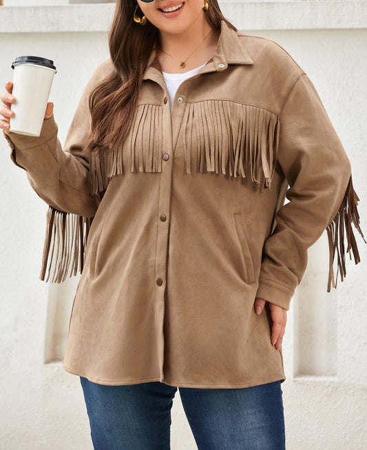 Fringe Trim Plus Size Suede Shacket