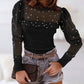 Pearl Decor Mesh Patchwork Ribbed Long Sleeve Top