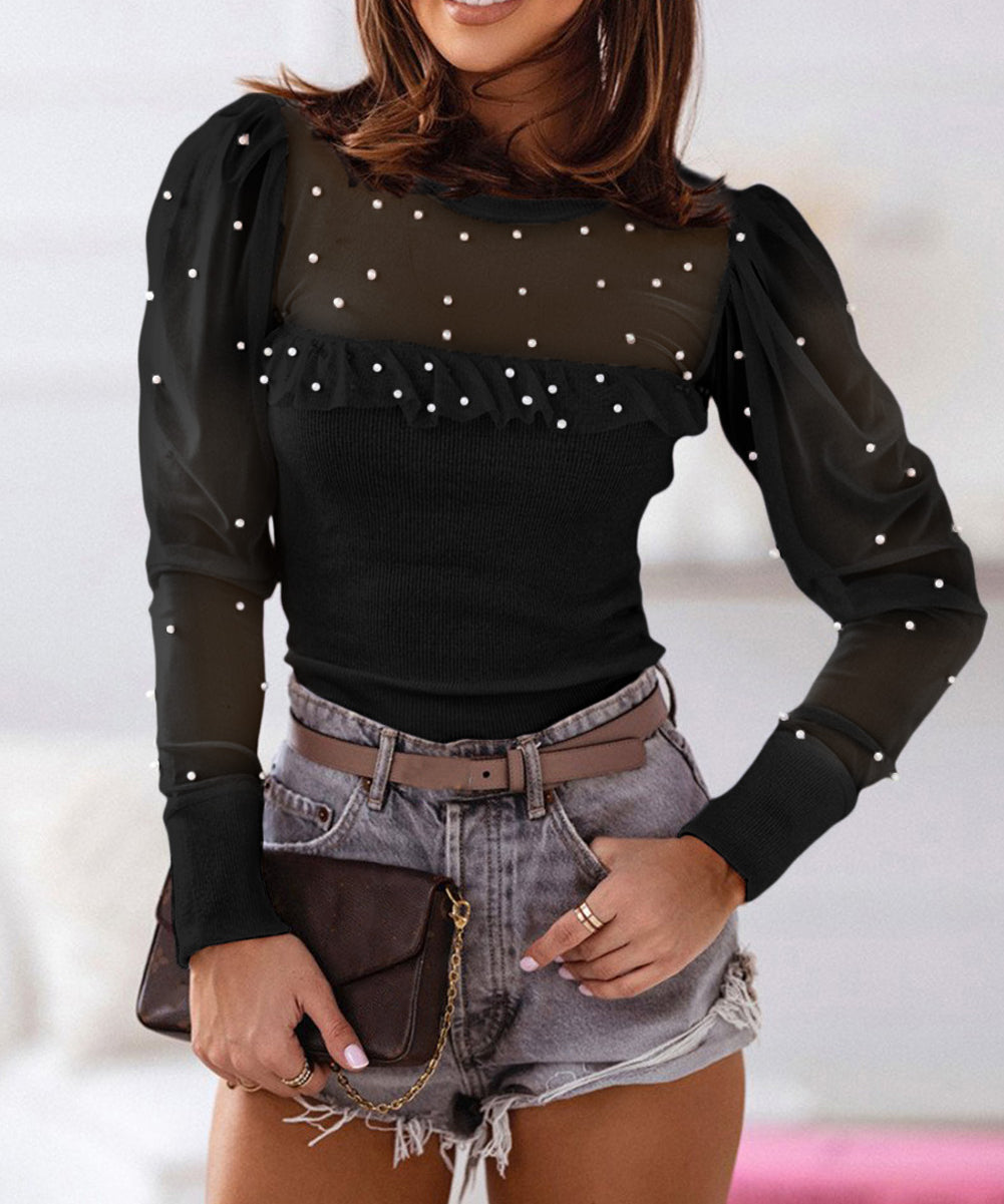 Pearl Decor Mesh Patchwork Ribbed Long Sleeve Top