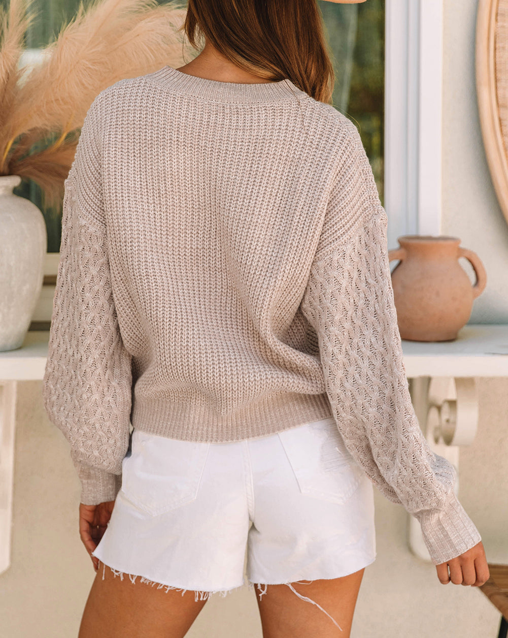 Parchment Sequin Snowflake Bishop Sleeve Drop Shoulder Sweater