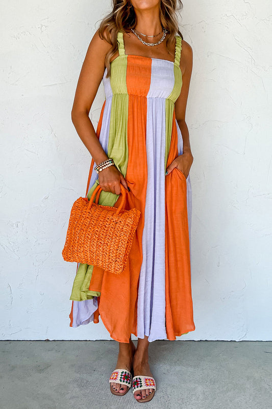 Color Block Shirred High Waist Fit and Flare Maxi Dress