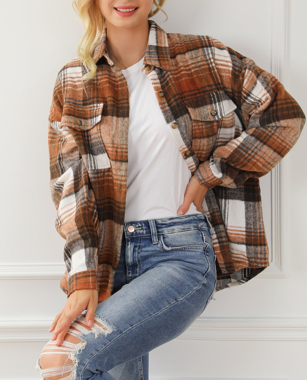 Plaid Flap Pockets Shacket