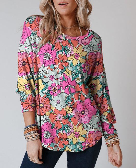 Twisted Hollow-out Back Floral Long Sleeve Top