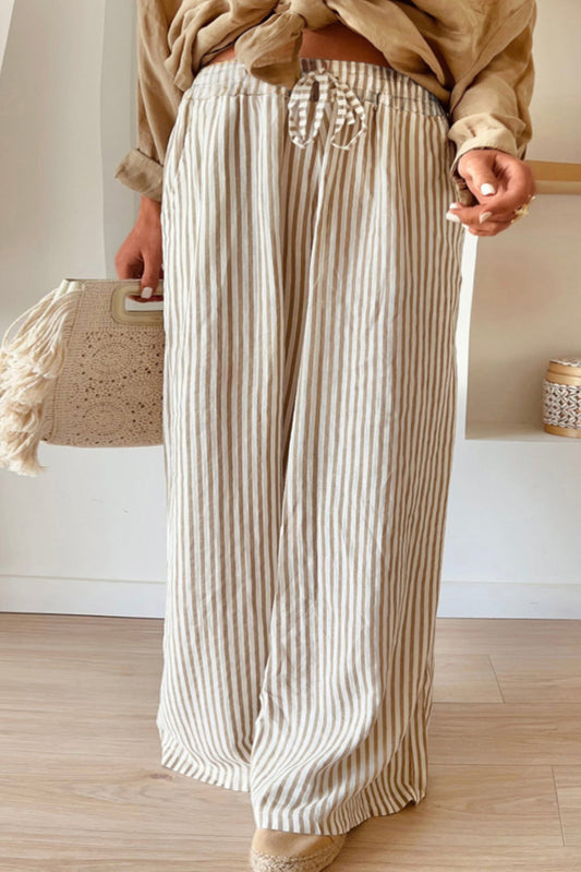 Stripe Plus Size Drawstring High Waist Wide Leg Pants