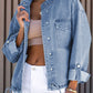 Blue Roll-Up Tab Sleeve Button Down Pocket Denim Jacket