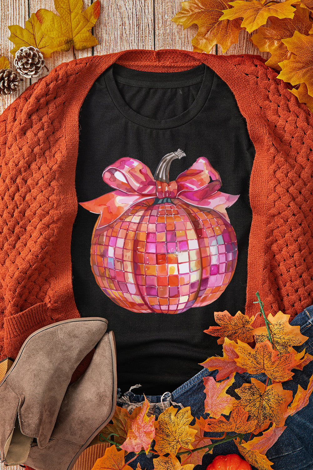 Bow Pumpkin Graphic Crewneck Thanksgiving T Shirt