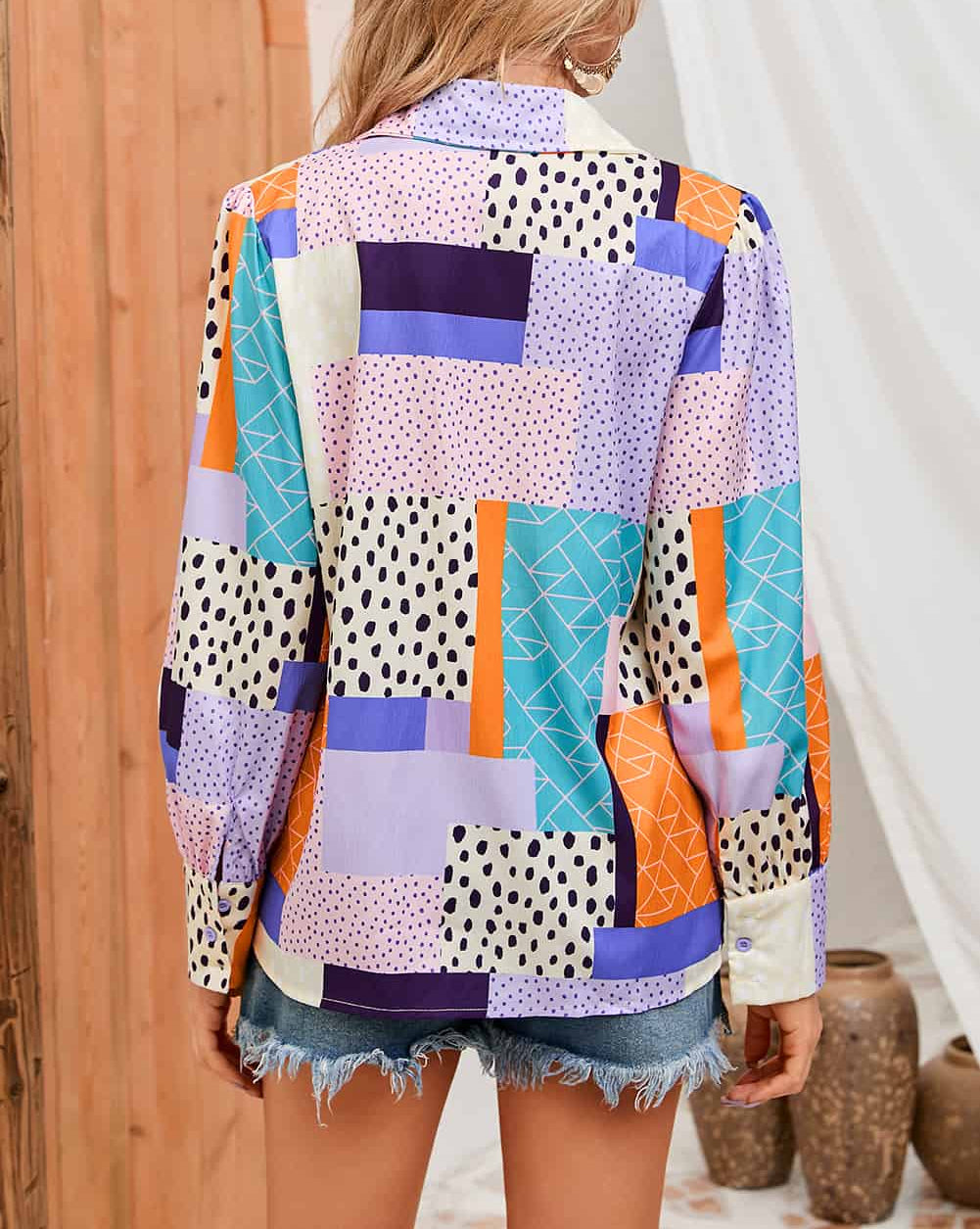 Mixed Print Button Front Cuffed Sleeve Shirt