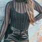 Black Star Mesh Mock Neck Long Sleeve Jumpsuit