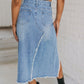 Frayed Slit Asymmetric Denim Midi Skirt