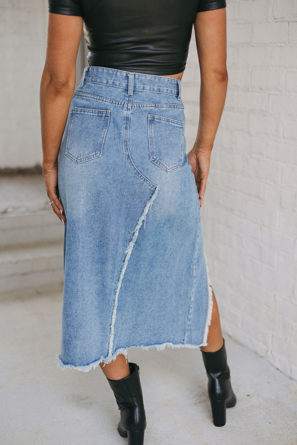 Frayed Slit Asymmetric Denim Midi Skirt