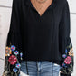 Floral Patched Flounce Sleeve Split Neck Blouse