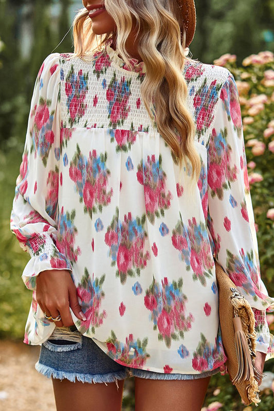 Floral Smocked Long Sleeve Frill High Neck Blouse