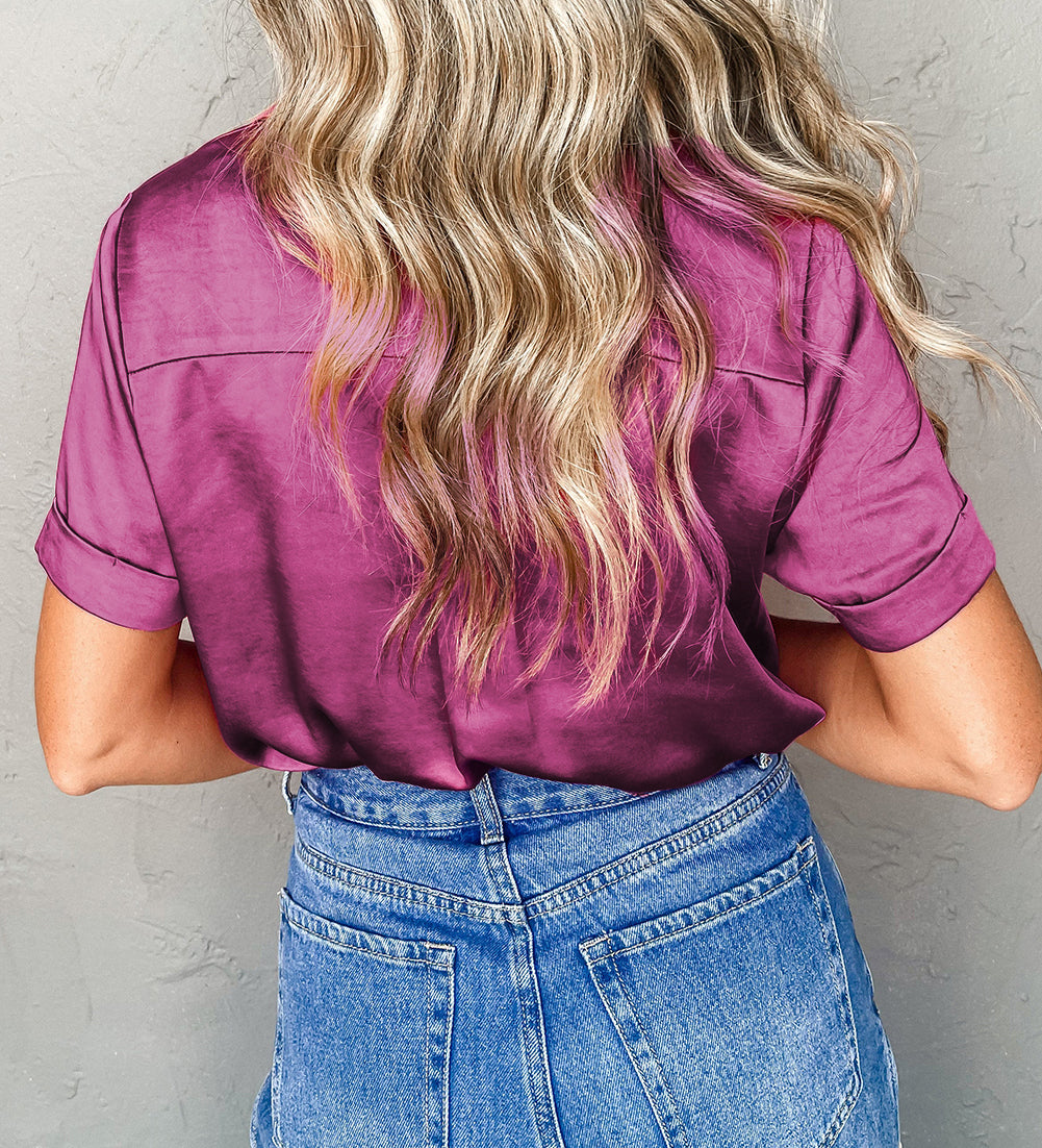 Red Fold Cuffs Short Sleeve Satin Shirt