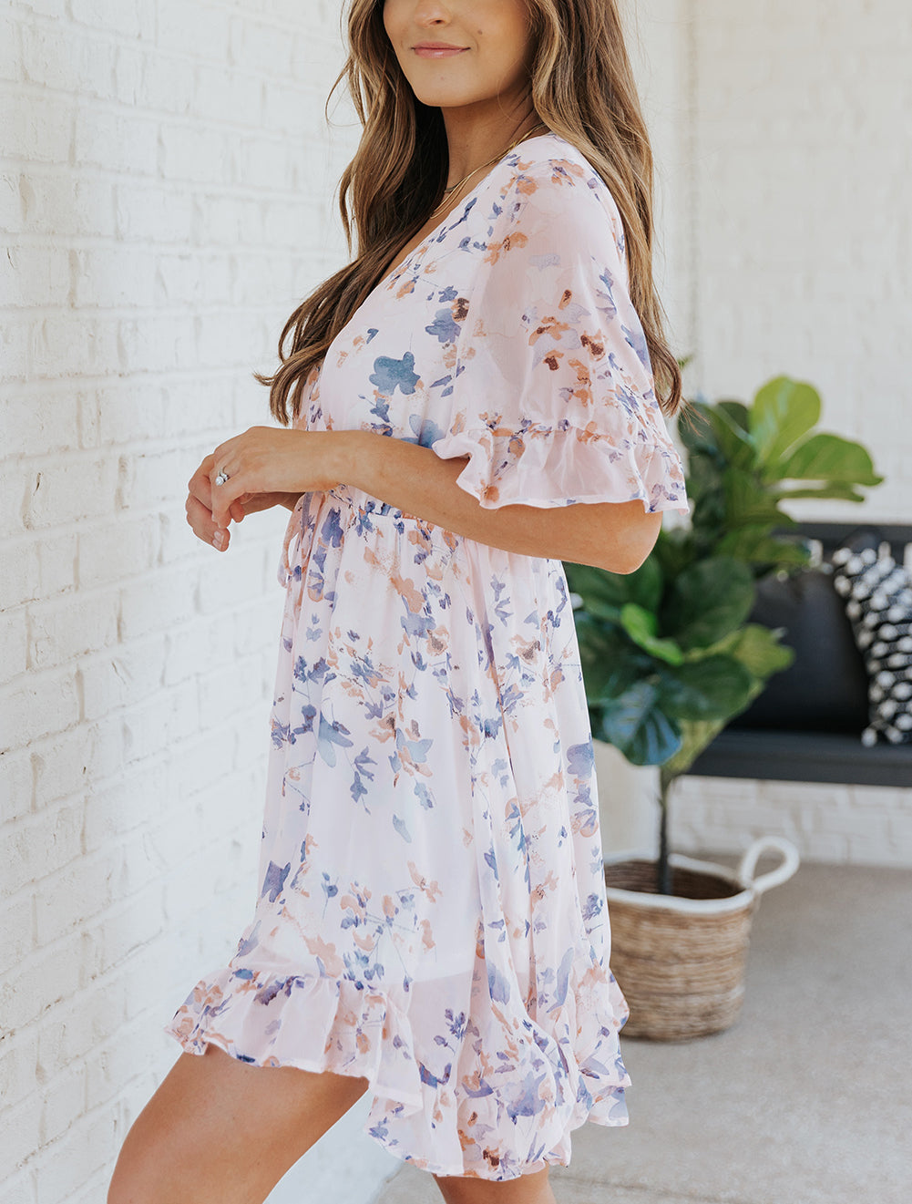 Floral Print Flared Sleeve Ruffle Dress