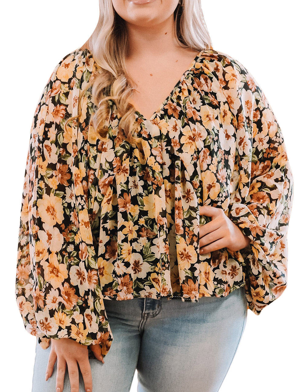 Plus Size Floral V-Neck Long Sleeve Blouse
