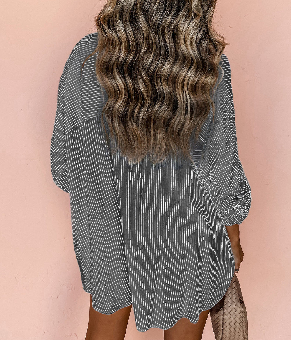 Stripe Roll-tab Sleeve Pocketed Long Shirt
