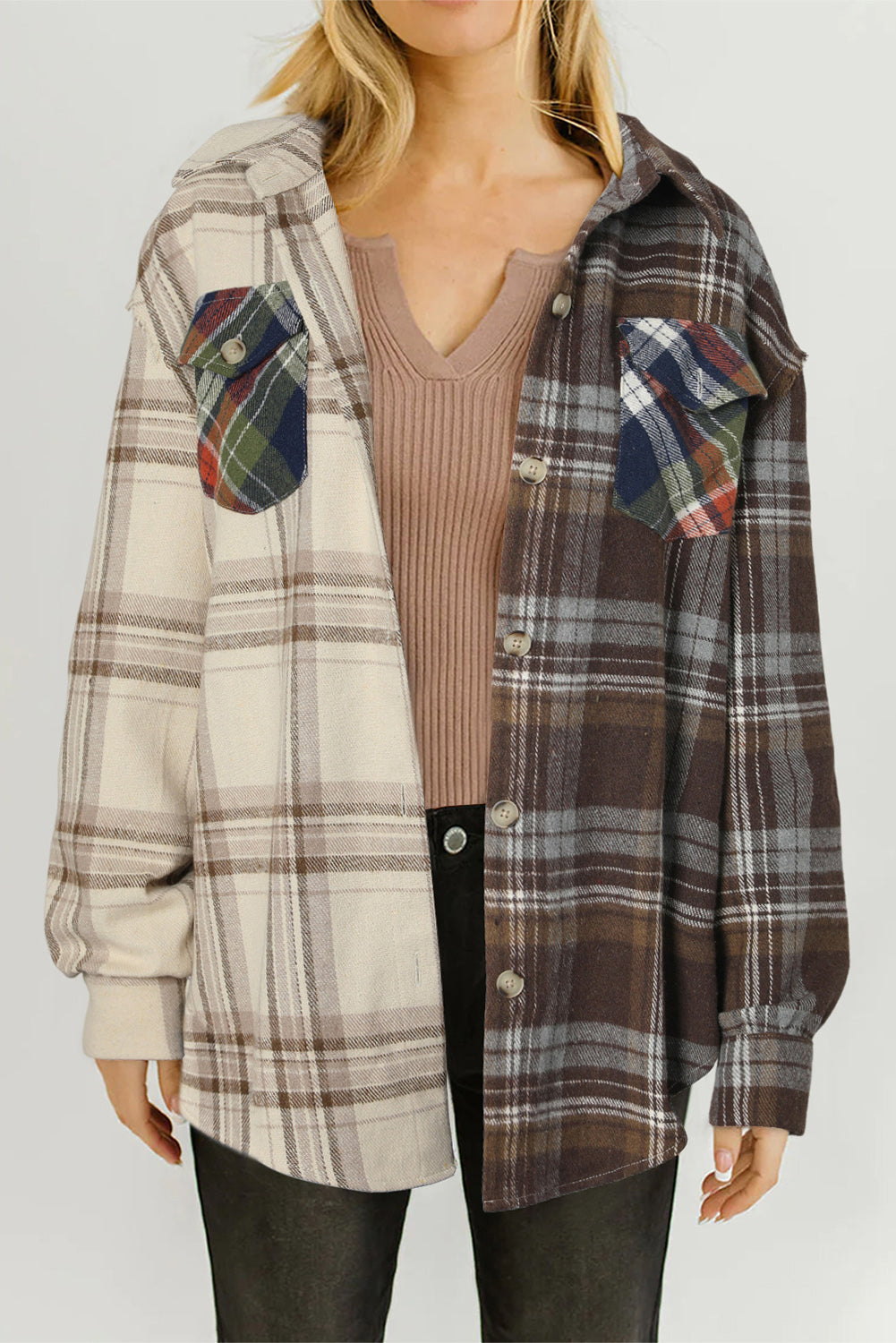 Mixed Plaid Patchwork Double Flap Pocket Shirt