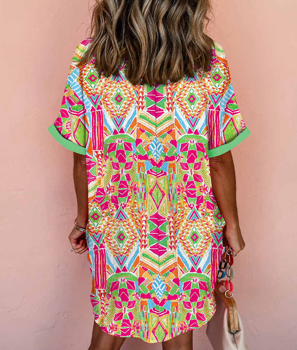 Geometric Print Contrast Short Sleeve Shirt Dress