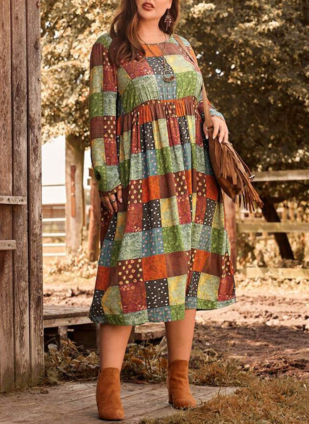 Printed Multicolor Western Checkered Plus Size Swing Dress
