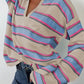 Stripe Collared V Neck Drop Shoulder Loose Sweater