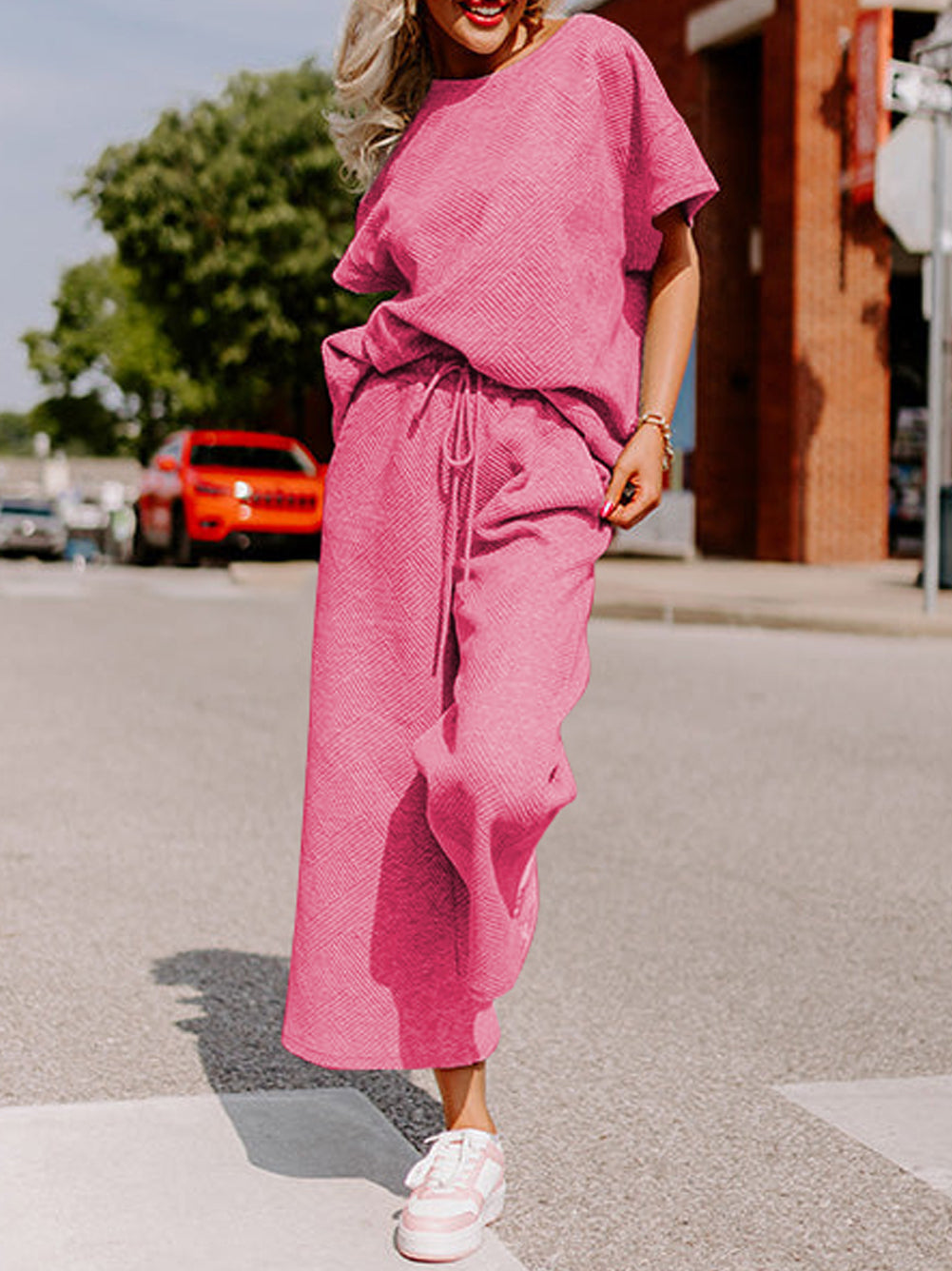 Textured Loose Fit T Shirt and Drawstring Pants Set