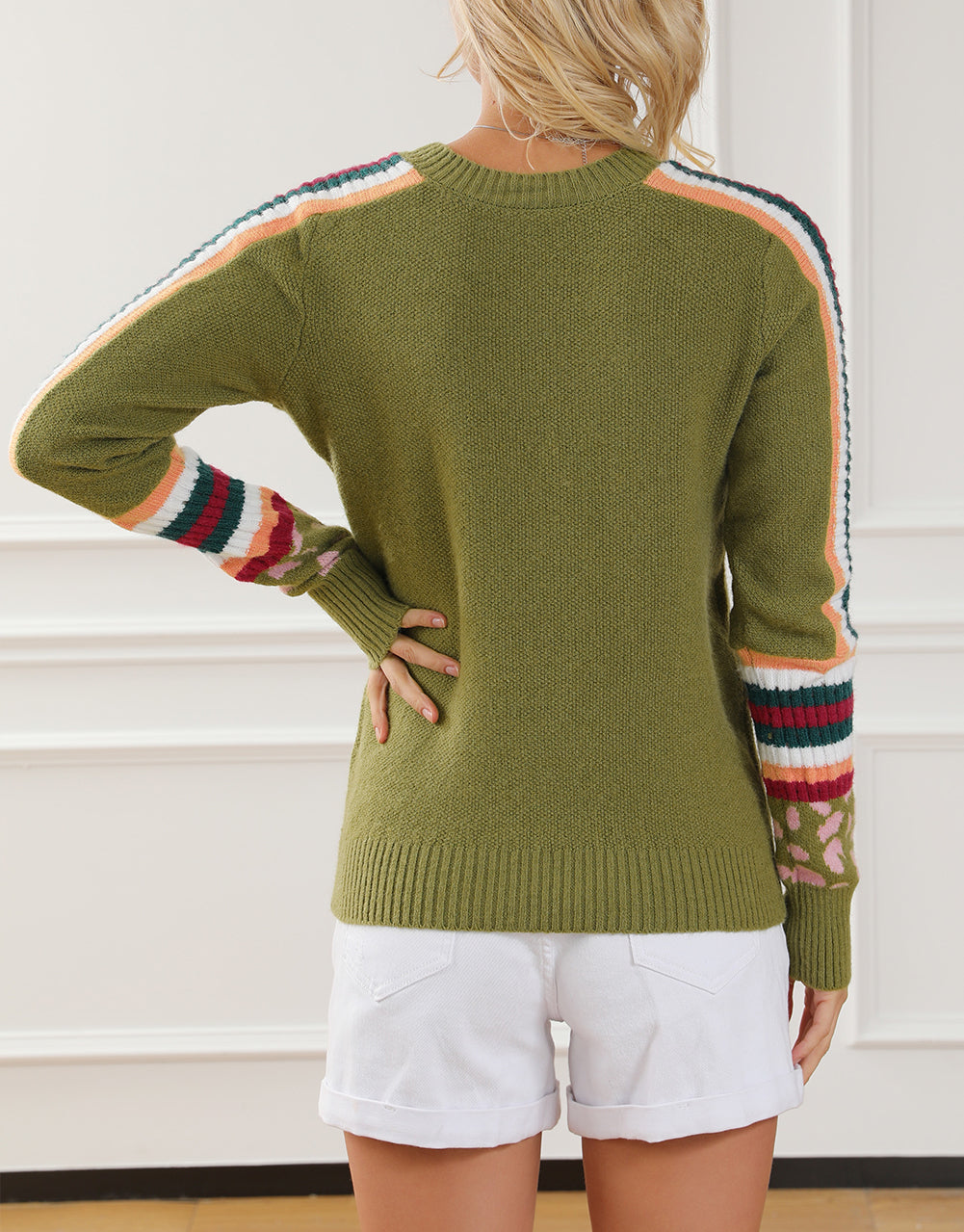 Leopard Contrast Striped Sleeve Ribbed Trim Sweater