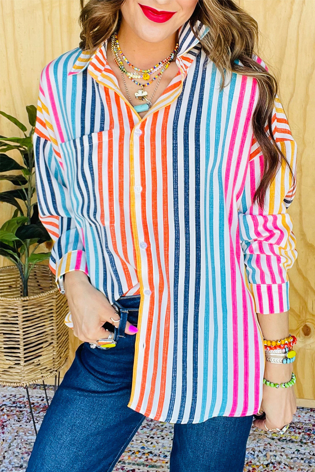 Stripe Multicolor Drop Shoulder Loose Shirt