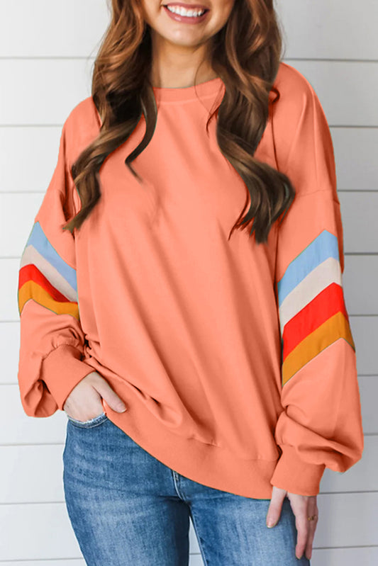 Rainbow Striped Sleeve Crew Neck Loose Sweatshirt