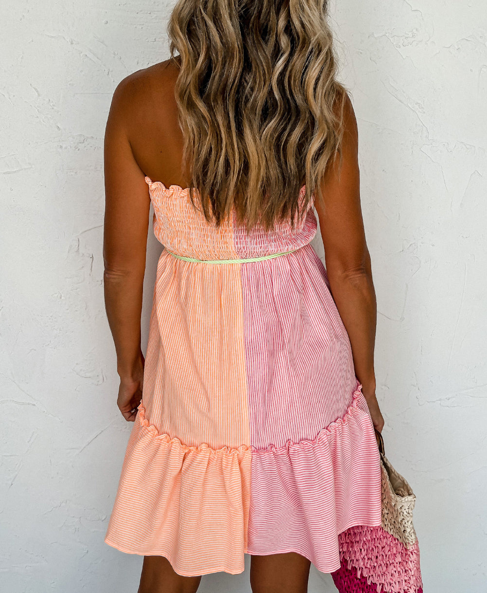 Color Block Smocked Button Front Frilled Strapless Mini Dress