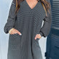 Striped V Neck Long Puff Sleeve Shift Dress