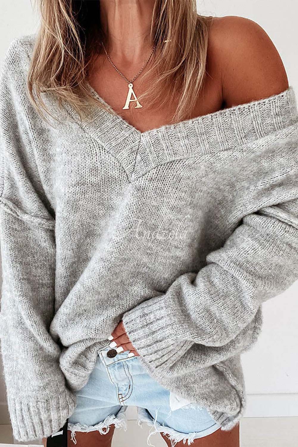 Exposed Seam V Neck Slouchy Sweater