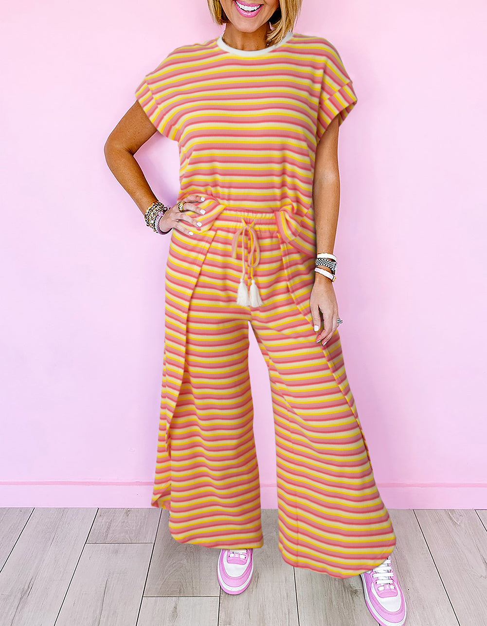 Stripe Rainbow Tee Tasseled String Wide Leg Pants Set