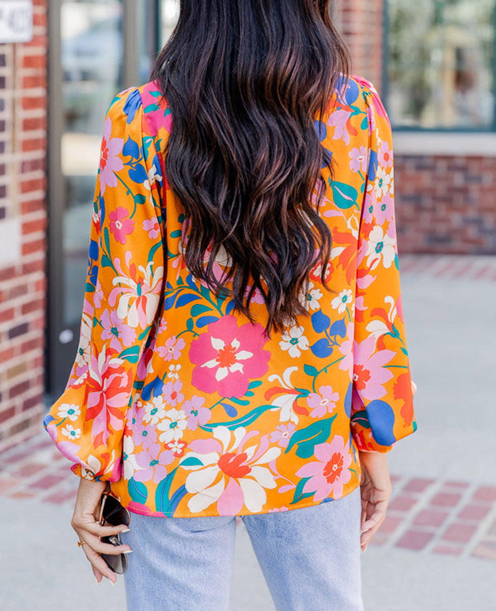 Floral Print Buttons Front Bubble Sleeve Shirt