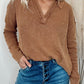 V Neck Collared Retro Waffle Long Sleeve Top