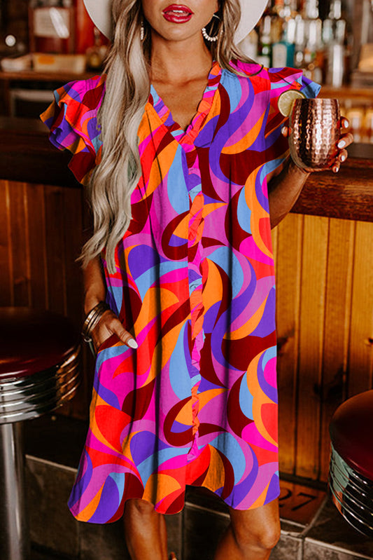 Abstract Print Ruffled Sleeve Shift Dress