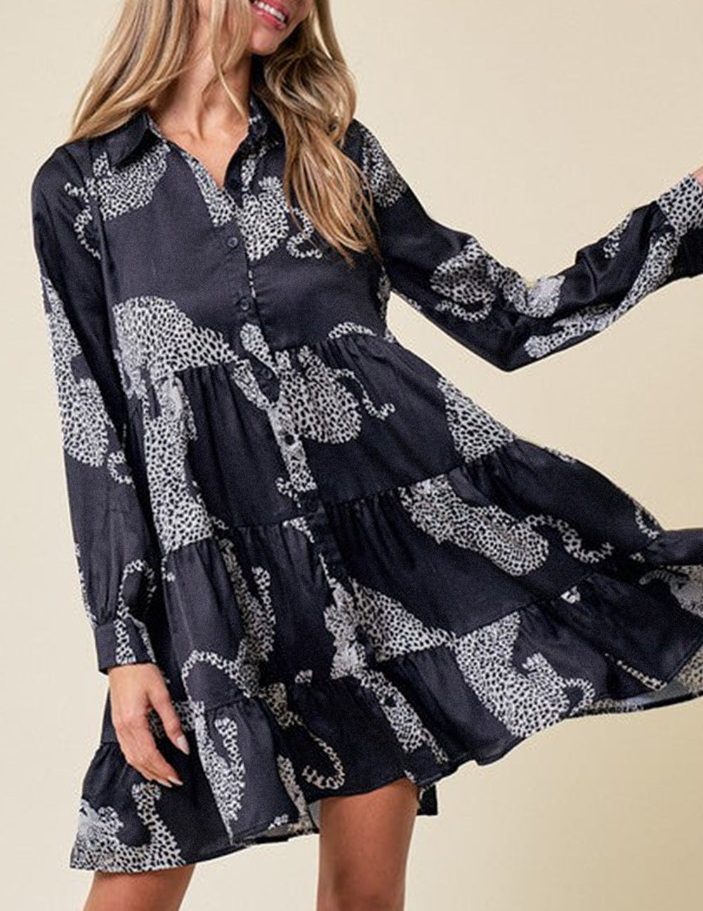 Leopard Print Button-up Long Sleeve Shirt Mini Dress