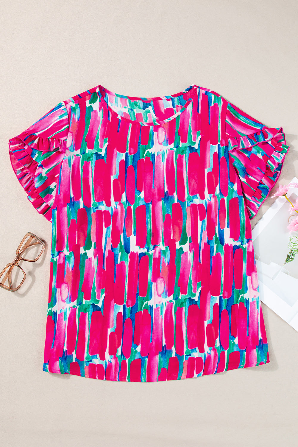 Plus Size Abstract Print Ruffled Petal Sleeve Blouse