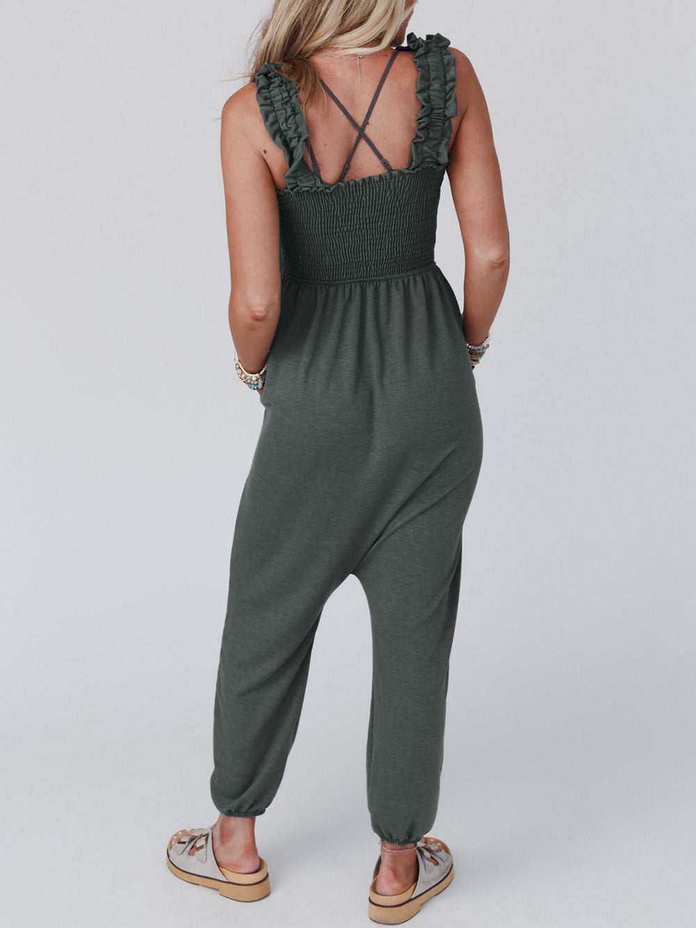 Smocked Ruffled Straps High Waist Sleeveless Jumpsuit