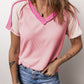 Exposed Seam Color Block Knitted V Neck T-shirt
