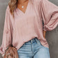 Pleated Balloon Sleeve Drawstring V-Neck Blouse