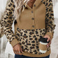 Leopard Print Patchwork Raglan Sleeve Half Buttons Hoodie