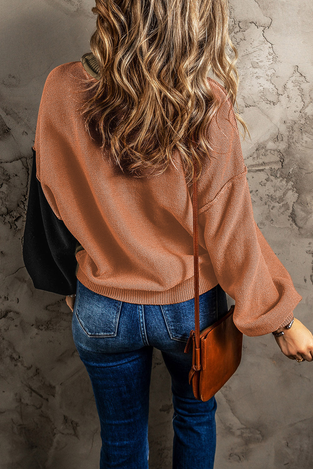 Colorblock Bishop Sleeve Ribbed Trim Sweater