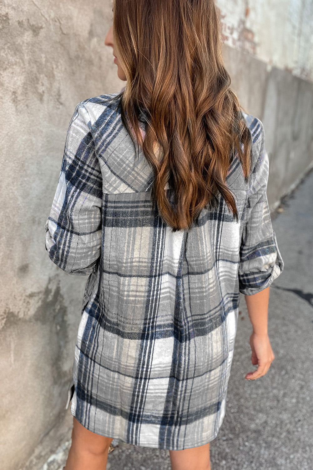 Plaid Roll-tab Sleeve Side Slit Shirt Dress