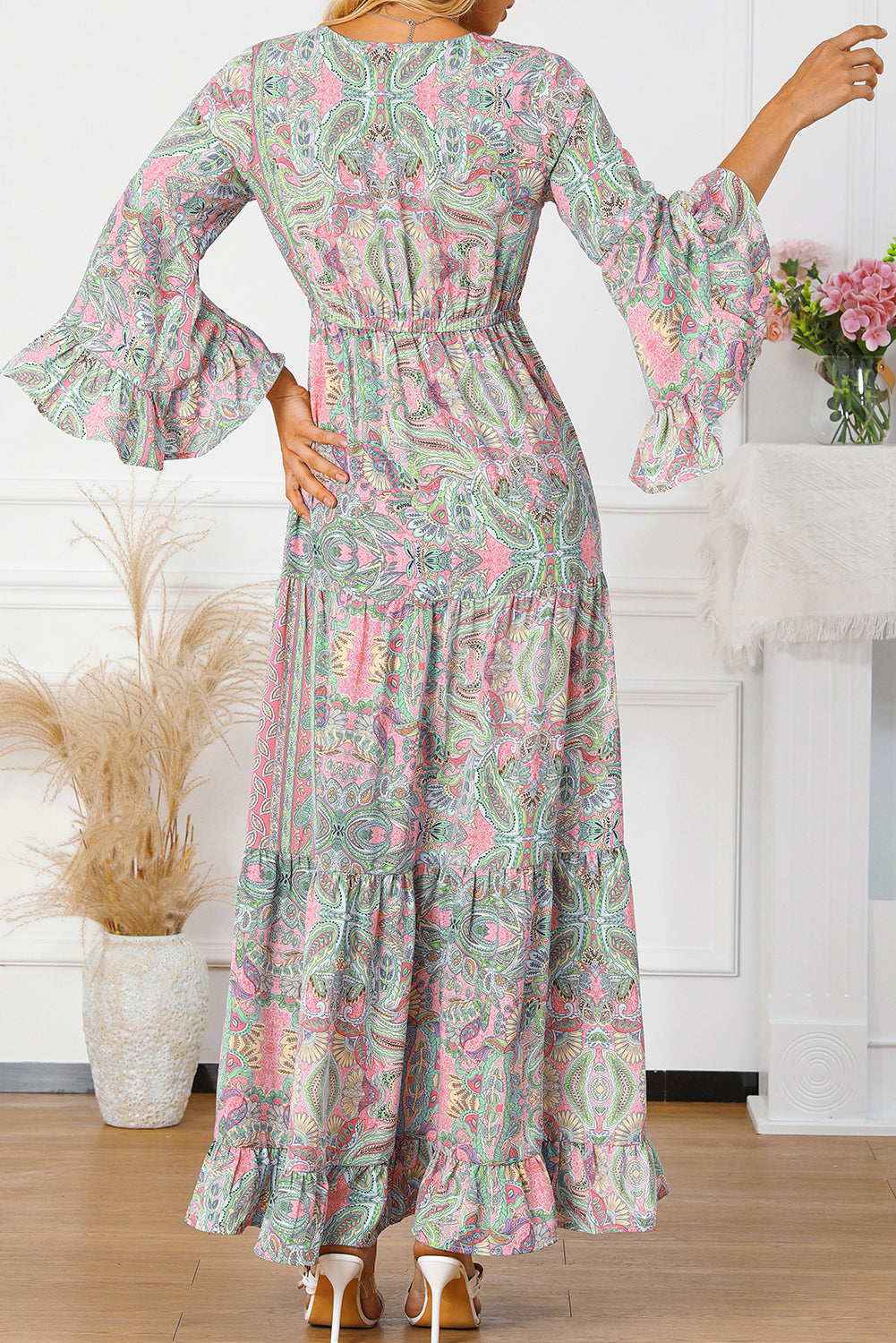Paisley Printed Ruffle Trim Elegant Maxi Dress