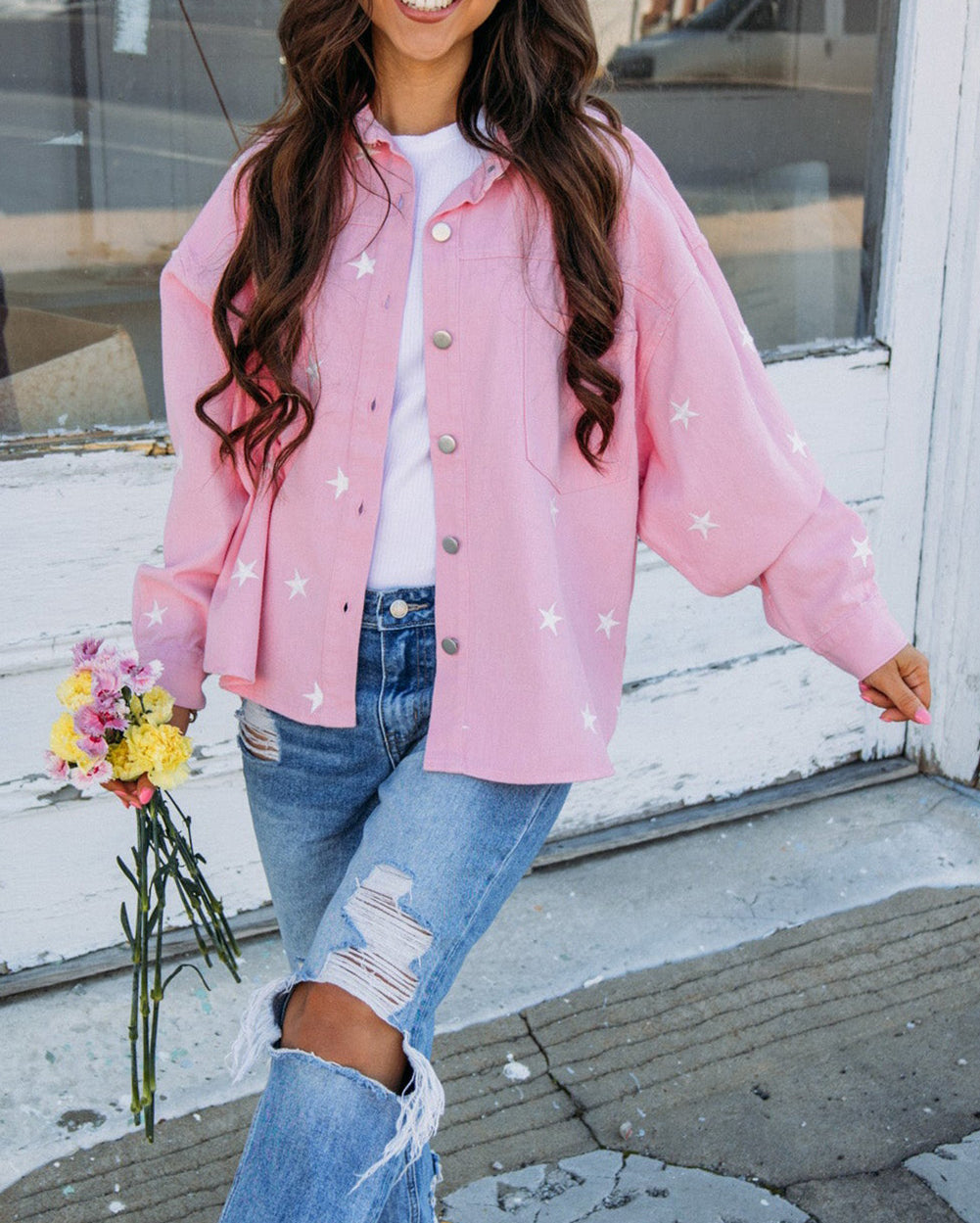 Pink Star Print Button Denim Jacket