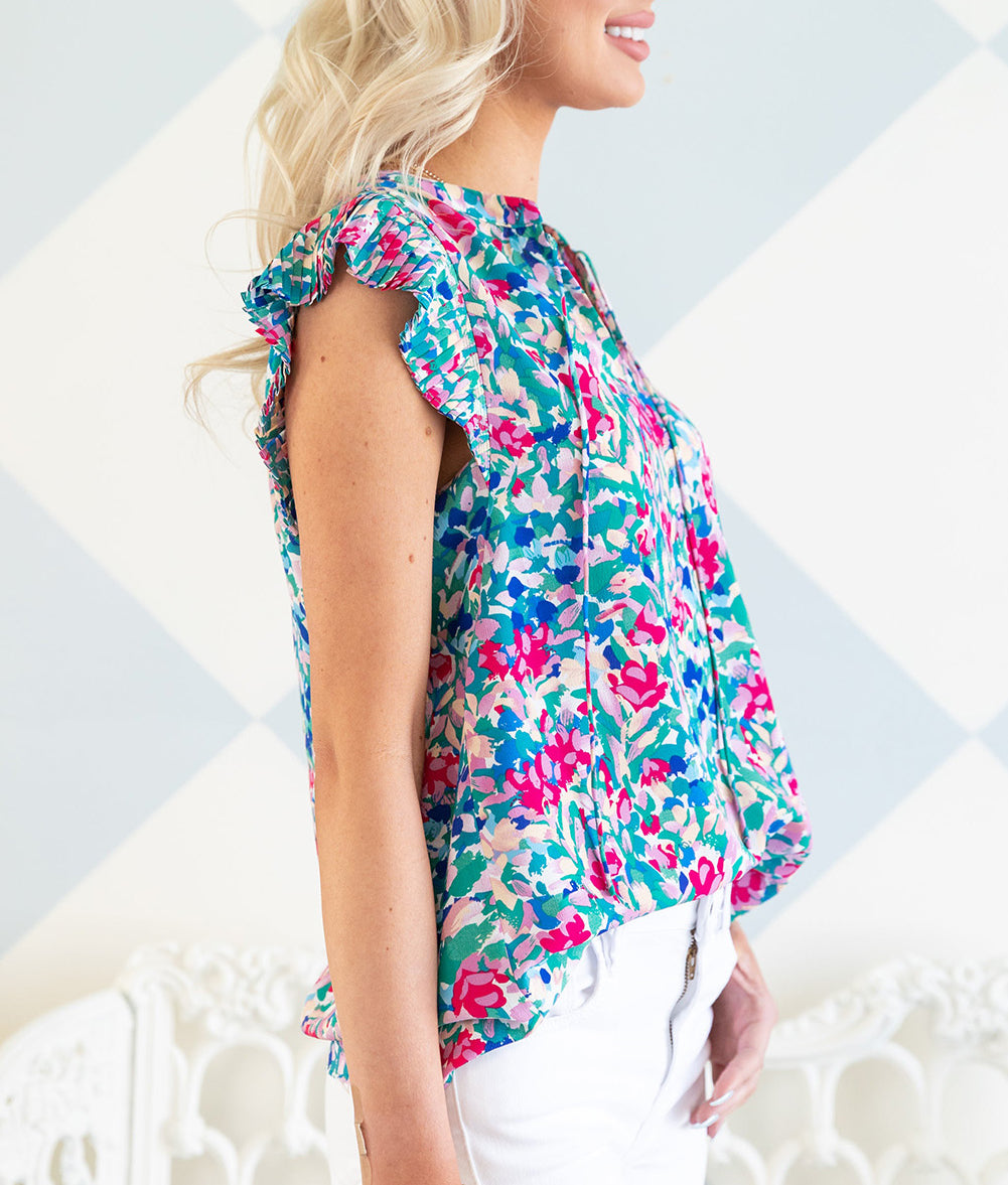 Pleated Flutter Sleeve Tie V Neck Floral Blouse